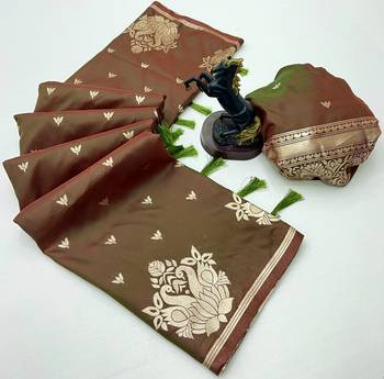Rust banarasi silk saree with swan zari motifs & designer pallu 2