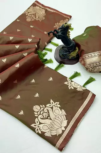 Rust banarasi silk saree with swan zari motifs & designer pallu