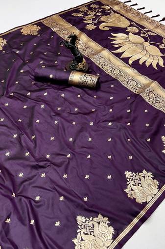 Wine banarasi silk saree with swan zari motifs & designer pallu