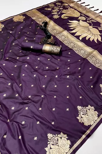 Wine banarasi silk saree with swan zari motifs & designer pallu