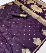Wine banarasi silk saree with swan zari motifs & designer pallu