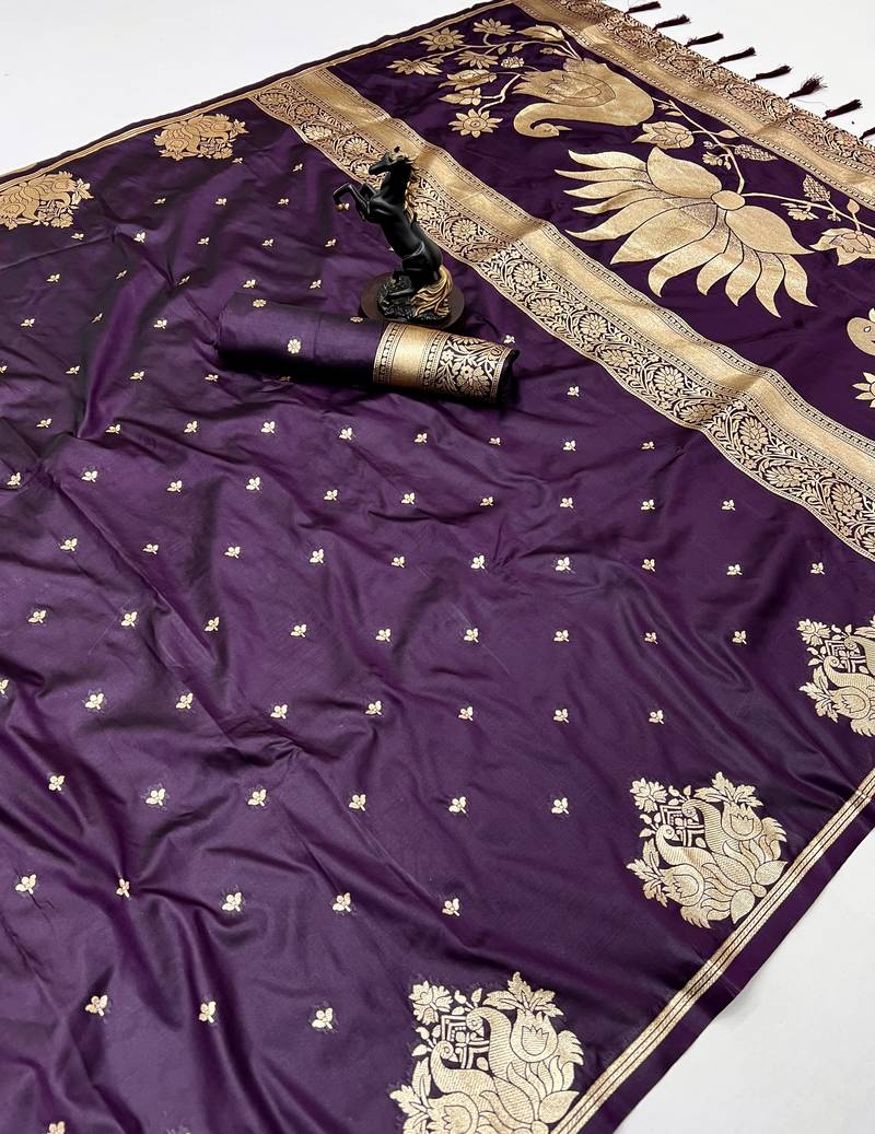 Wine banarasi silk saree with swan zari motifs & designer pallu