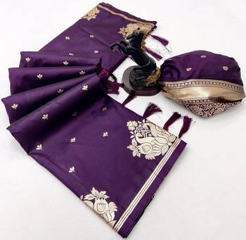 Wine banarasi silk saree with swan zari motifs & designer pallu 2