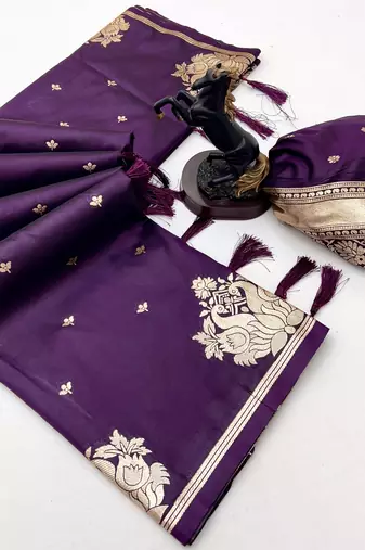 Wine banarasi silk saree with swan zari motifs & designer pallu
