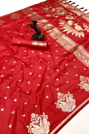 Red banarasi silk saree with swan zari motifs & designer pallu