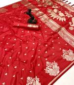 Red banarasi silk saree with swan zari motifs & designer pallu