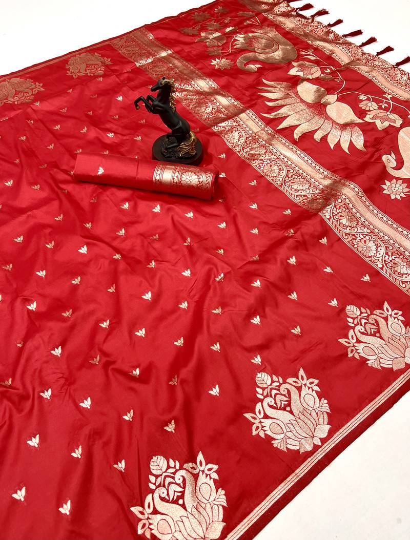 Red banarasi silk saree with swan zari motifs & designer pallu
