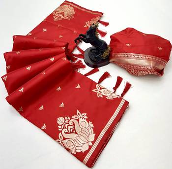 Red banarasi silk saree with swan zari motifs & designer pallu 2