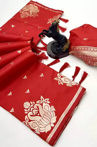 Red banarasi silk saree with swan zari motifs & designer pallu