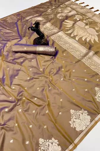 Brown banarasi silk saree with swan zari motifs & designer pallu