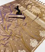 Brown banarasi silk saree with swan zari motifs & designer pallu
