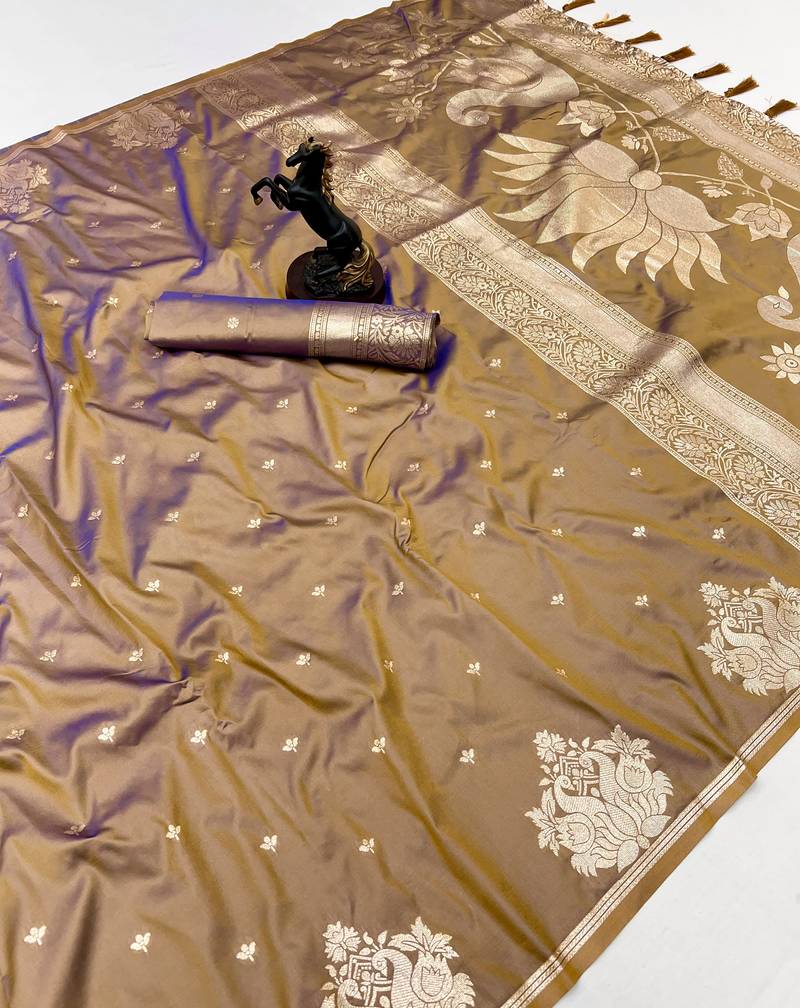 Brown banarasi silk saree with swan zari motifs & designer pallu