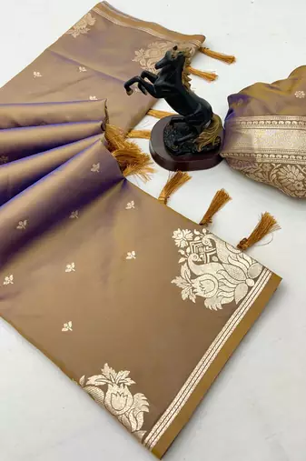 Brown banarasi silk saree with swan zari motifs & designer pallu