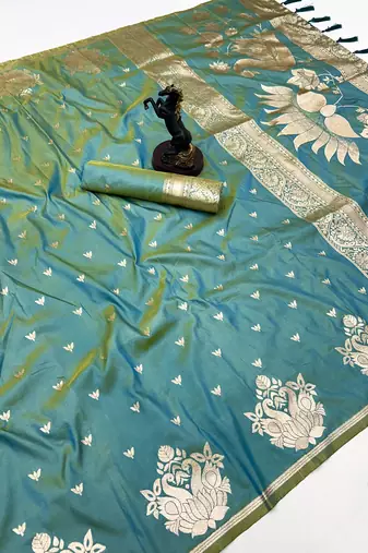 Light green banarasi silk saree with swan zari motifs & designer pallu