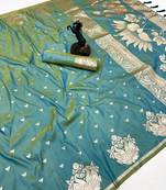 Light green banarasi silk saree with swan zari motifs & designer pallu