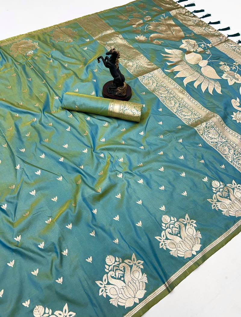 Light green banarasi silk saree with swan zari motifs & designer pallu
