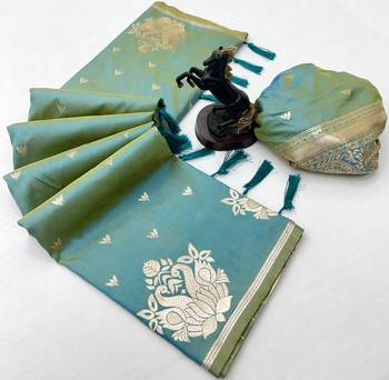 Light green banarasi silk saree with swan zari motifs & designer pallu 2