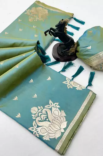Light green banarasi silk saree with swan zari motifs & designer pallu