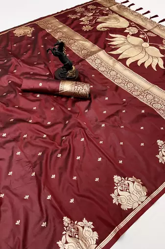 Maroon banarasi silk saree with swan zari motifs & designer pallu