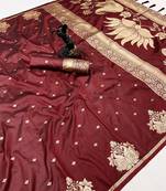Maroon banarasi silk saree with swan zari motifs & designer pallu