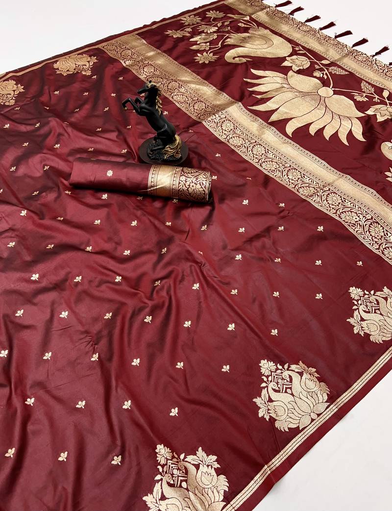 Maroon banarasi silk saree with swan zari motifs & designer pallu