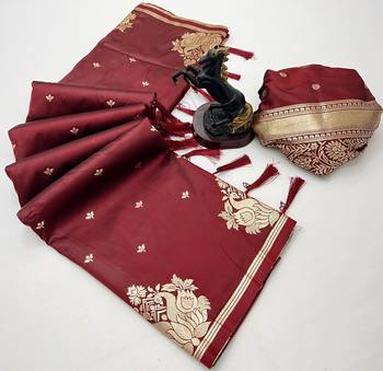 Maroon banarasi silk saree with swan zari motifs & designer pallu 2