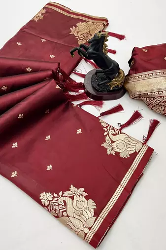 Maroon banarasi silk saree with swan zari motifs & designer pallu