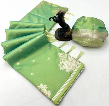 Light green banarasi silk saree with swan zari motifs & designer pallu 2