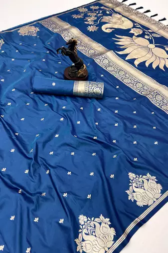 Teal banarasi silk saree with swan zari motifs & designer pallu