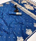 Teal banarasi silk saree with swan zari motifs & designer pallu