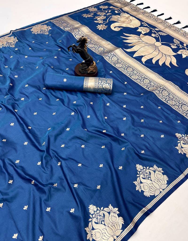 Teal banarasi silk saree with swan zari motifs & designer pallu