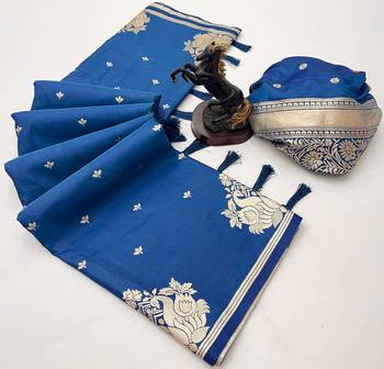 Teal banarasi silk saree with swan zari motifs & designer pallu 2