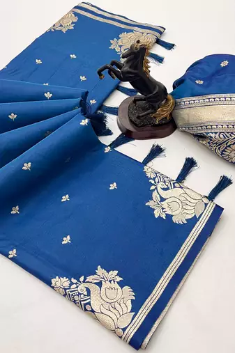Teal banarasi silk saree with swan zari motifs & designer pallu