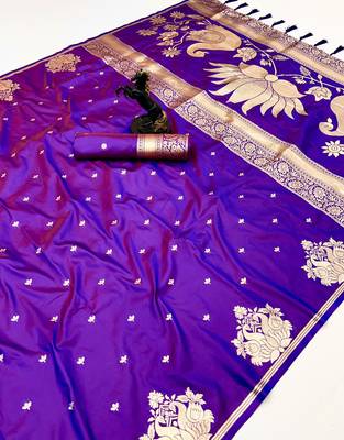 Purple banarasi silk saree with swan zari motifs & designer pallu 1