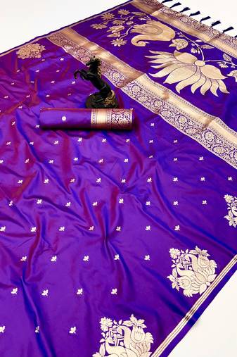 Purple banarasi silk saree with swan zari motifs & designer pallu