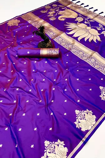 Purple banarasi silk saree with swan zari motifs & designer pallu