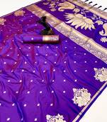 Purple banarasi silk saree with swan zari motifs & designer pallu