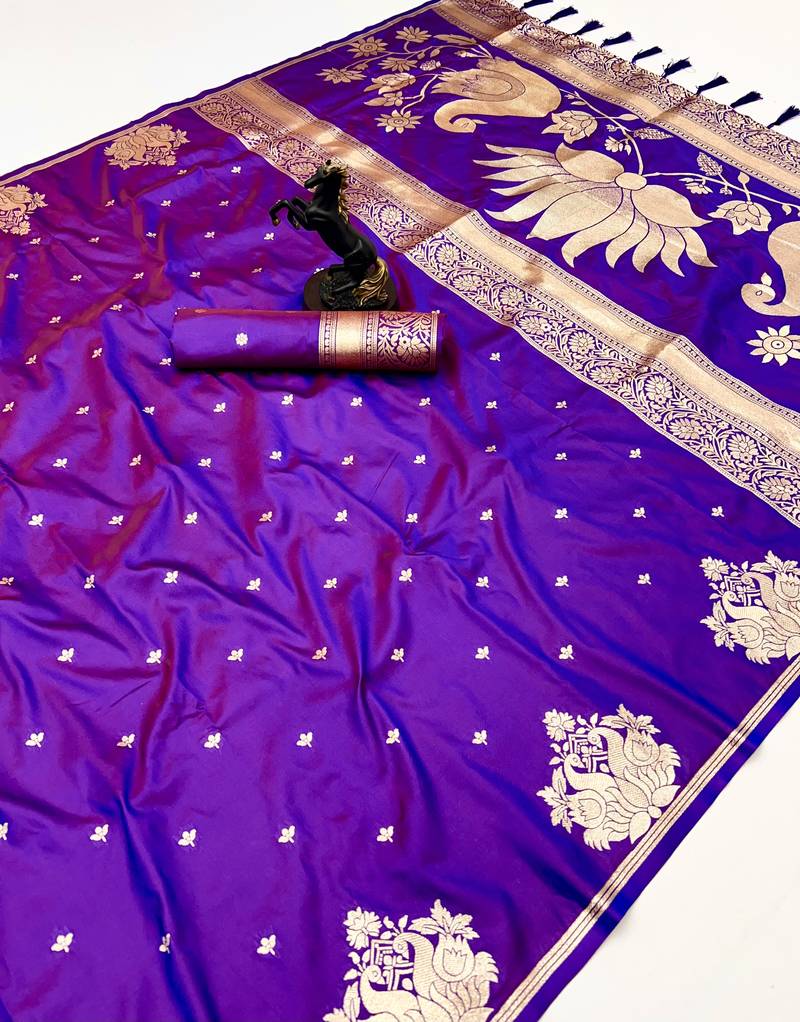 Purple banarasi silk saree with swan zari motifs & designer pallu