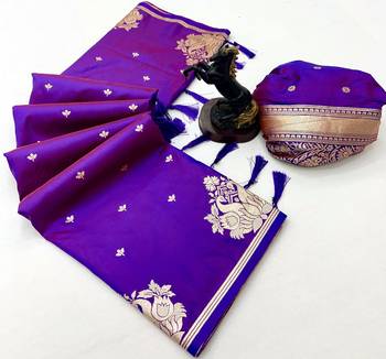 Purple banarasi silk saree with swan zari motifs & designer pallu 2