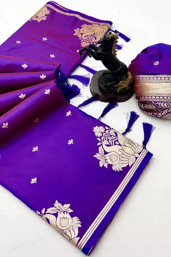Purple banarasi silk saree with swan zari motifs & designer pallu