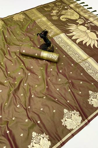 Golden banarasi silk saree with swan zari motifs & designer pallu