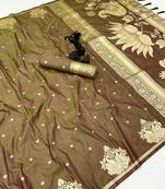 Golden banarasi silk saree with swan zari motifs & designer pallu