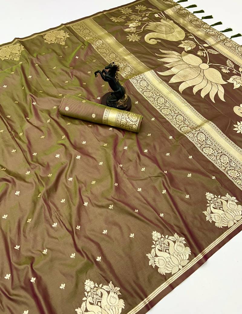 Golden banarasi silk saree with swan zari motifs & designer pallu