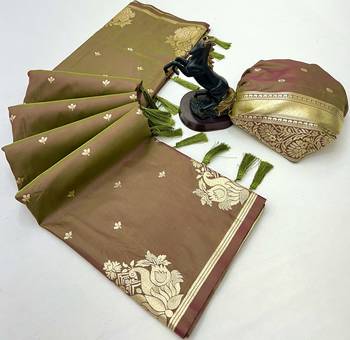 Golden banarasi silk saree with swan zari motifs & designer pallu 2
