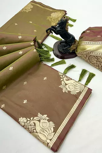Golden banarasi silk saree with swan zari motifs & designer pallu