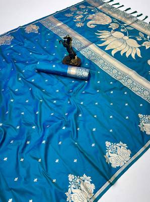 Sky blue banarasi silk saree with swan zari motifs & designer pallu 1