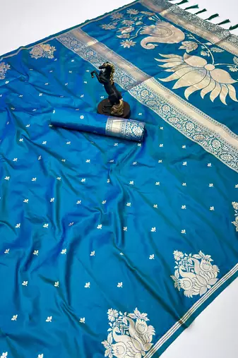 Sky blue banarasi silk saree with swan zari motifs & designer pallu