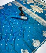 Sky blue banarasi silk saree with swan zari motifs & designer pallu