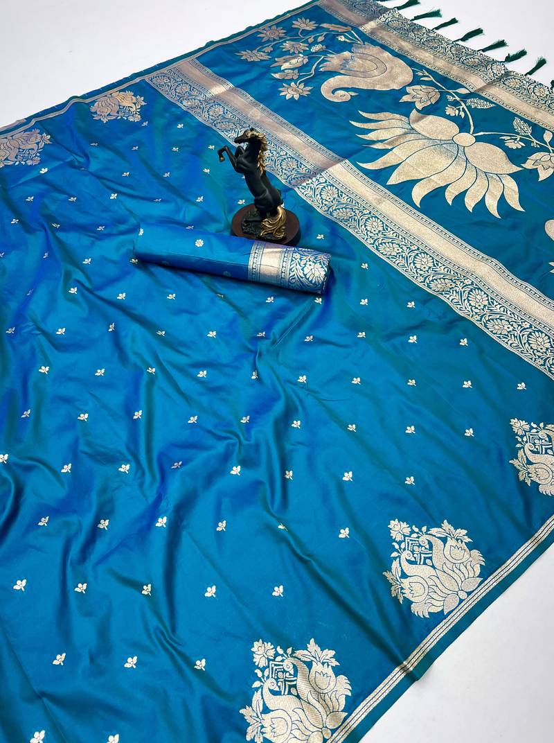 Sky blue banarasi silk saree with swan zari motifs & designer pallu