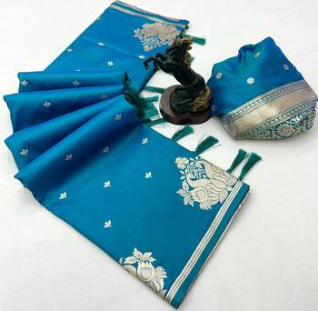 Sky blue banarasi silk saree with swan zari motifs & designer pallu 2
